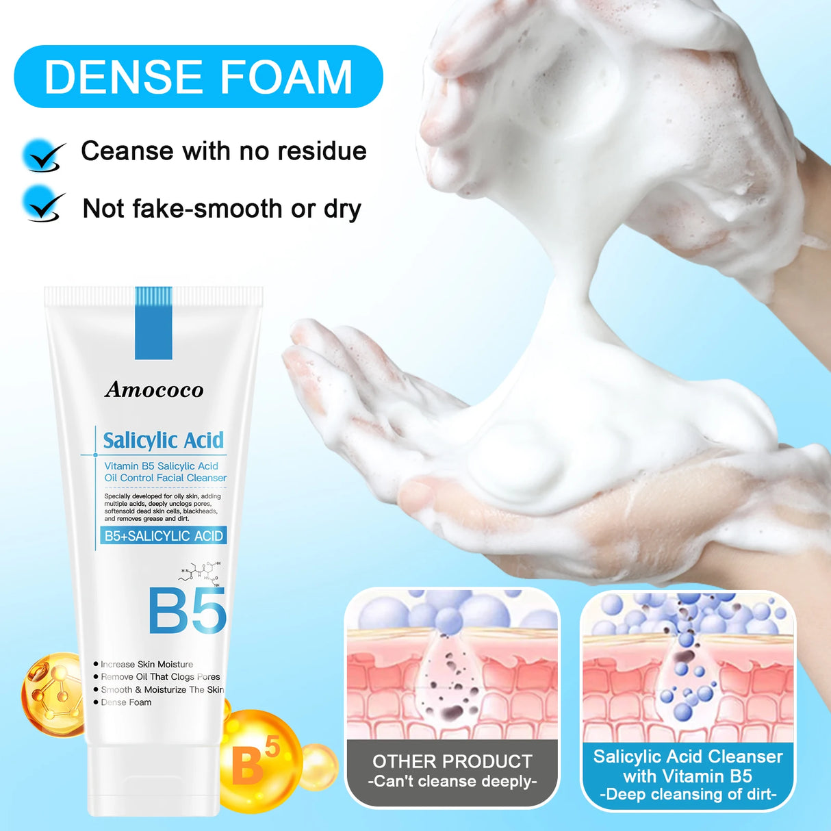 Amococo 2Pcs B5 Salicylic Acid Face Wash 100ml Oil Control Cleanser Deep Pore Foaming Wash for Oily Acne Prone Skin