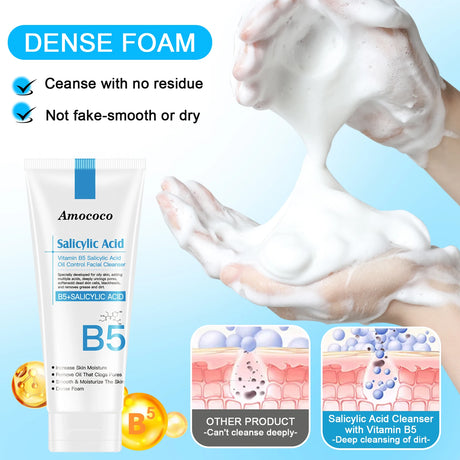 Amococo 2Pcs B5 Salicylic Acid Face Wash 100ml Oil Control Cleanser Deep Pore Foaming Wash for Oily Acne Prone Skin