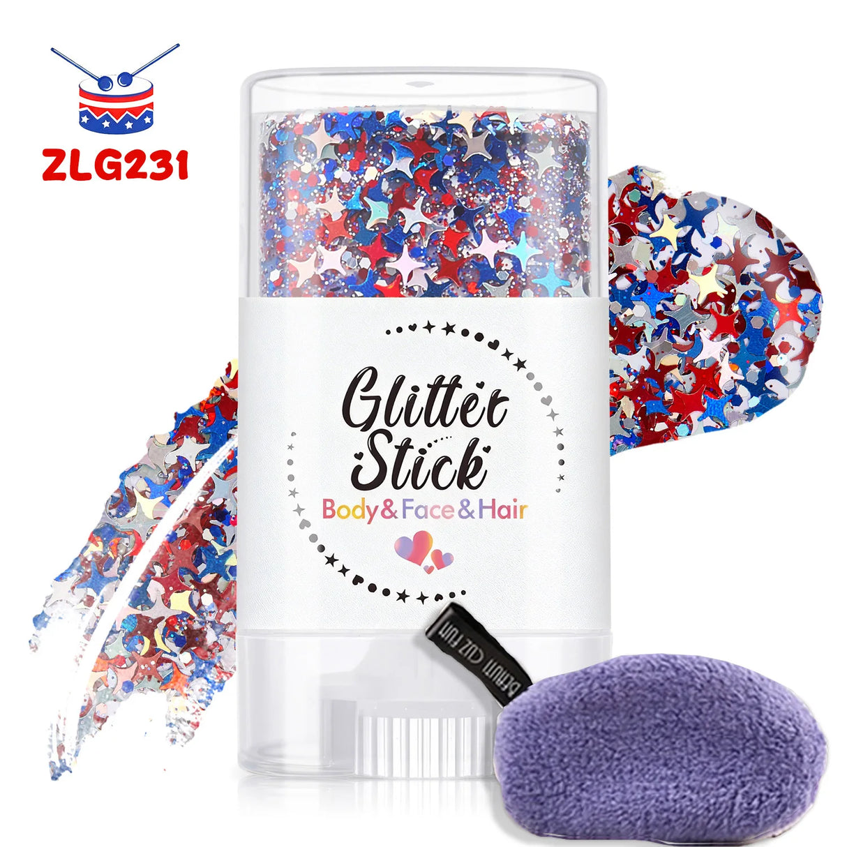 Patriotic Glitter Body Paint Stick with Makeup Remover Cloth, Red White Blue Face Paint for 4th of July, Sports Games
