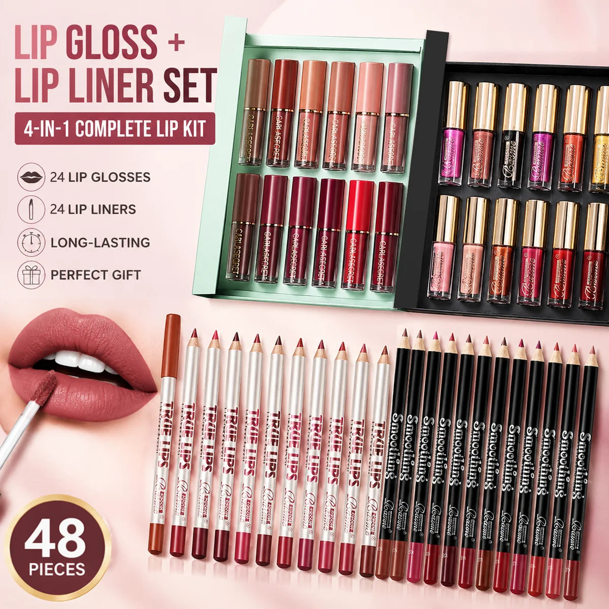 Lip Makeup Gift Set Women's 24-Color Glossy Lip Gloss & 24-Piece Lip Liner Cosmetic Set, Nude Pink Brown Red Makeup Gift Set Flawless Summeressentials