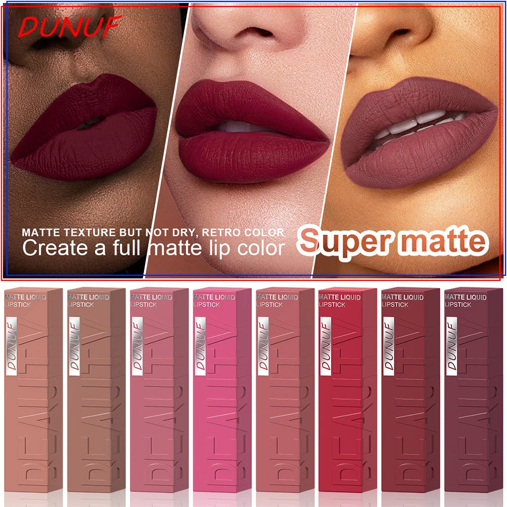 DUNUF Matte Velvet Lip Gloss, 3D Plumping & Waterproof, Square Tube Lipstick, Easy Application, 8 Shades (All-in-One)