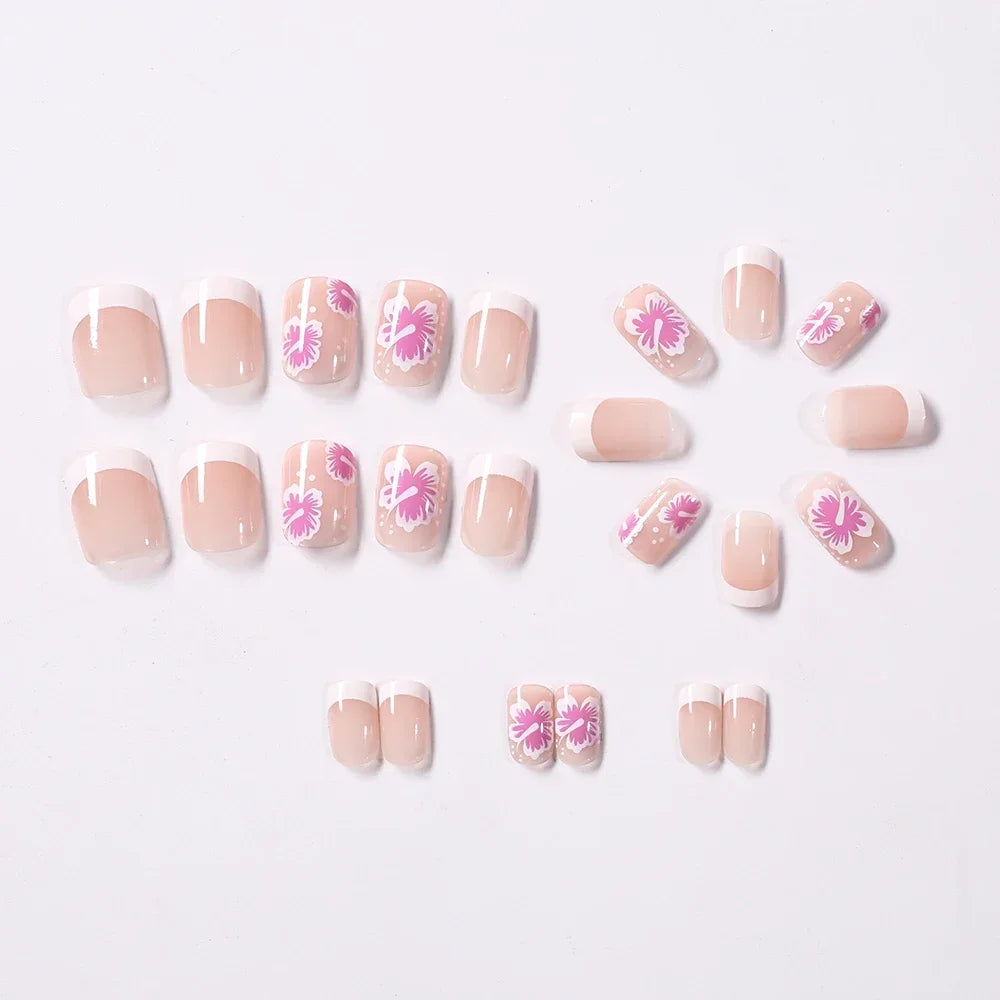 24Pcs Short Square Pink Floral French Press On Nails Clear Base Hand Drawn Flower Reusable With Adhesive Glue For Women Daily Party DIY Spring Summer Manicure Supply