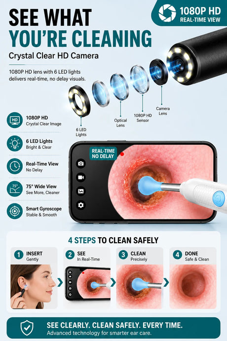 Visual Ear Wax Remover 1080P HD Camera USB-C Rechargeable Ear Cleaner IP67 Waterproof Otoscope with 6 LED Lights for Adults Kids