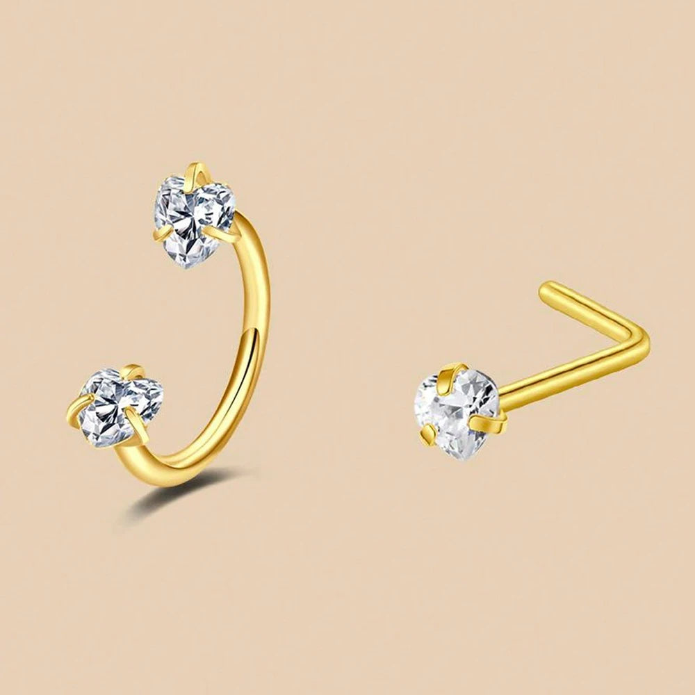6/2pcs Horseshoe Nose Rings With L-Shape Nose Stud, Stainless Steel Rianbow CZ Nose Ring,, Lip Eyebrow Helix Ear Piercing