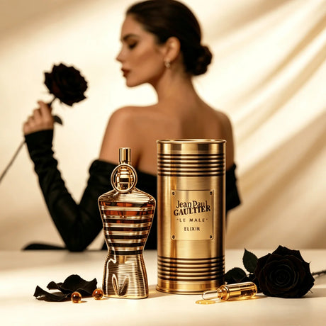 Jean Paul Gaultier Le Male Elixir EDP 125ML Perfume For Men Warm Vanilla Cardamom Woody Aroma Long Lasting Shiny Gold Metallic Striped Body Bottle With Gold Ring Cap Complete Gold Tin Box Dating Anniversary Present
