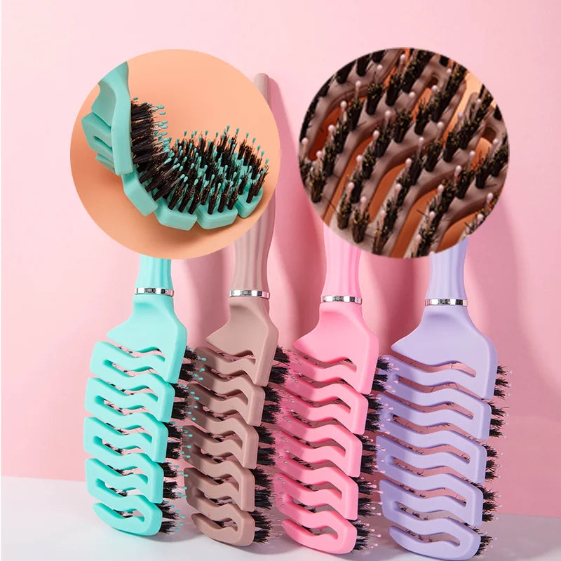 1pcs Curved Vented Boar Bristle Comb Professional Scalp Massage Comb Detangling Curl Anti-static Hairbrush Salon Styling Tool