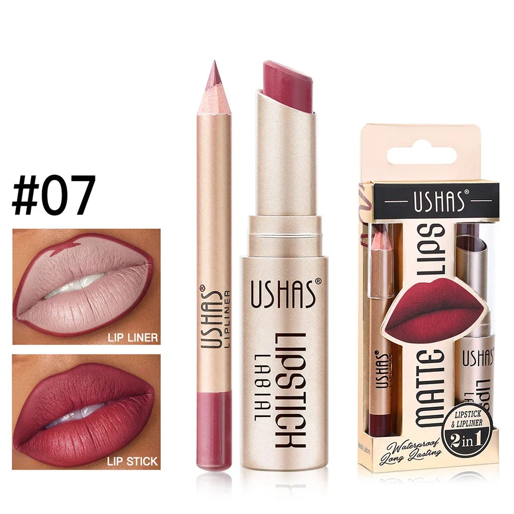 2-in-1 Lip Makeup Set, Matte Lipstick & Lip Liner Pencil, Nude Brown, Waterproof Long Lasting Tinted Lip Balm Contour Kit