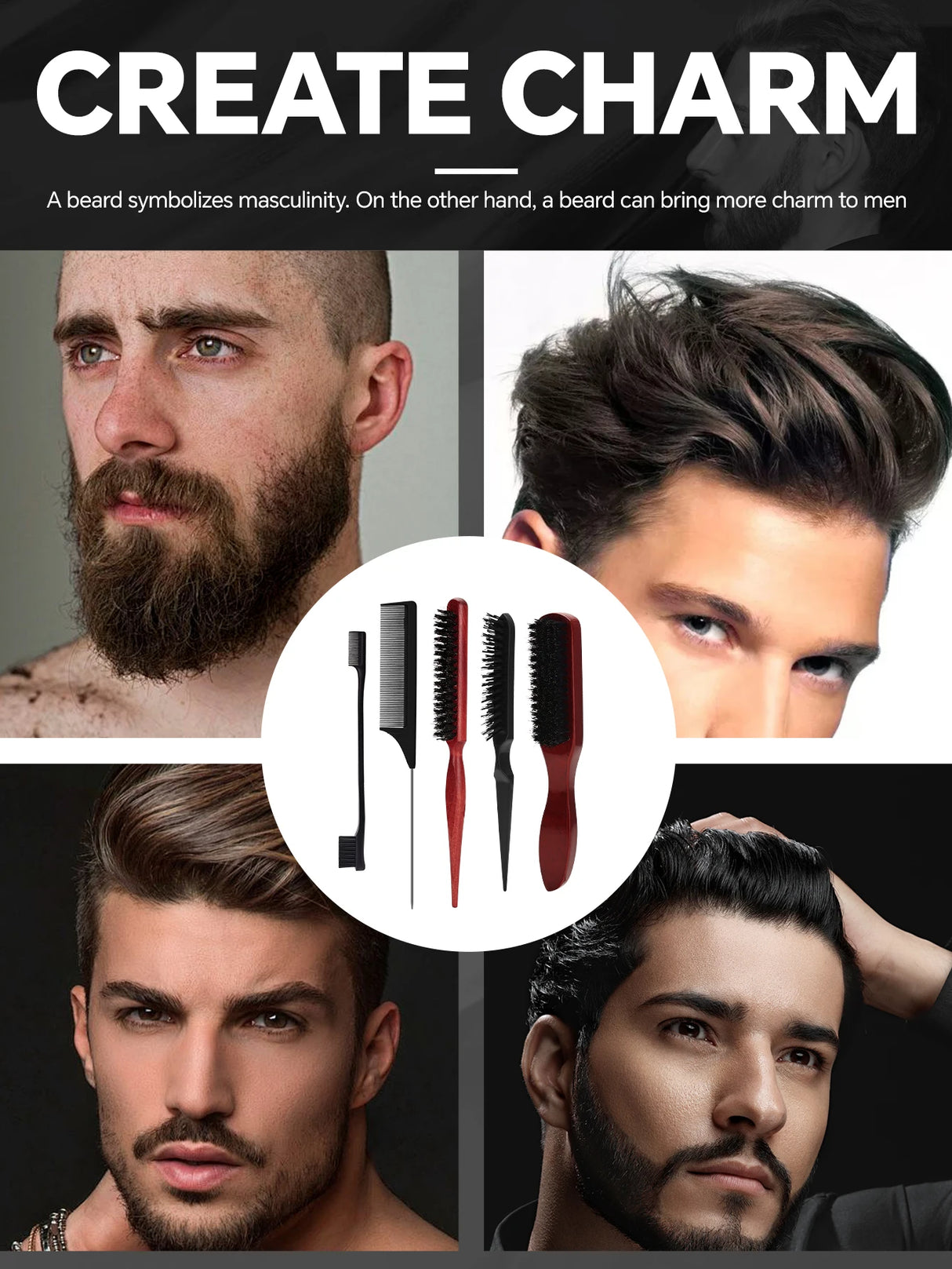 Hair Styling Comb & Brush Set, Boar Bristle Teasing Brushes & Tail Combs, Edge Control Styling Tools,Nylon Bristles, ABS Handle