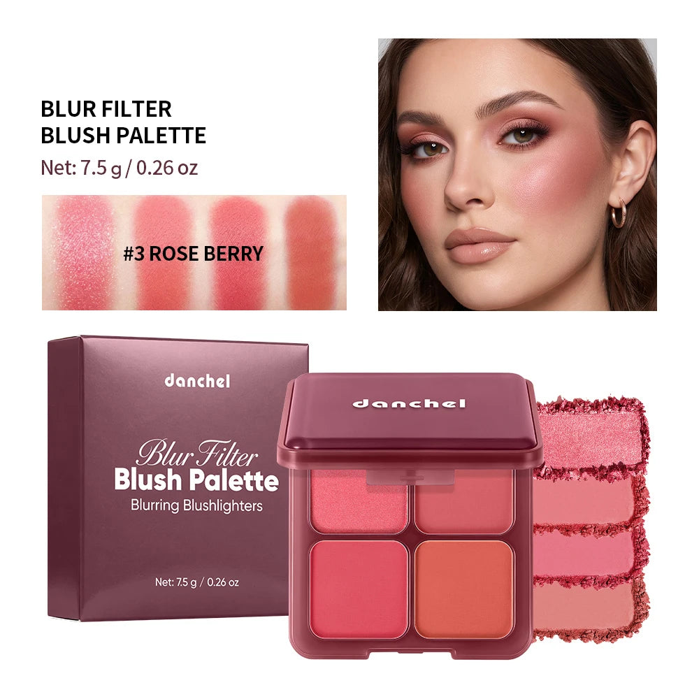 4 Shades Blush Palette Matte & Shimmer Two Textures Rich Pigment Long-wear Soft Blur Finishing Compact Blush Daily Cheek Makeup