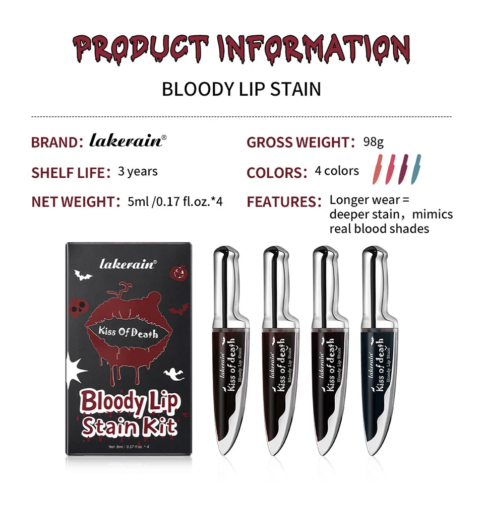 Lakerain Fake Bloody Lip Stain Gel-like Waterproof Spill-proof Long Lasting Matte Lip Tinting Halloween Party Lip Cosmetics