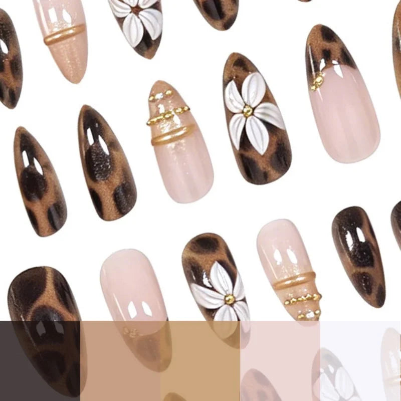 24pcs Leopard Print Press On Nails 3D White Flower Gold Metal Beads Charms Fake Nail Y2K Short Almond Fasle Nail for Women