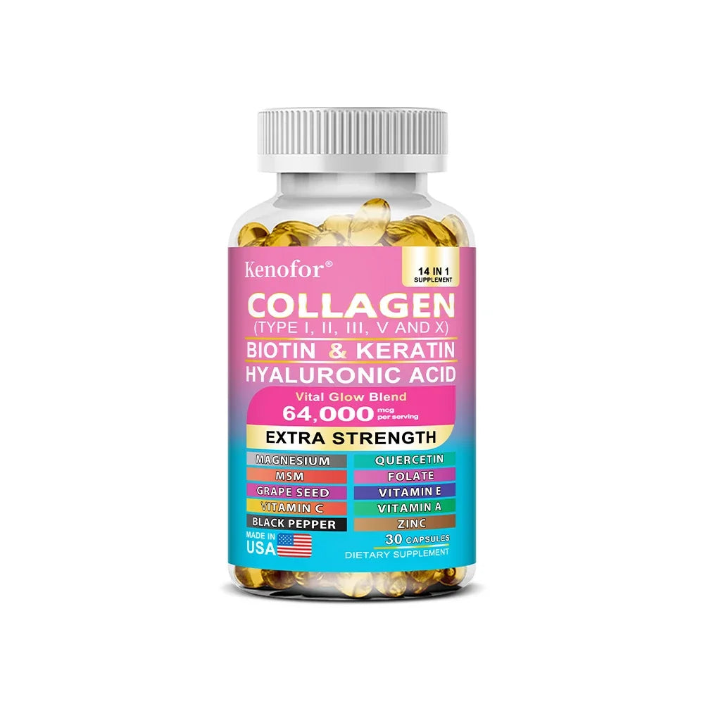 Multi Collagen Capsules - Types I, II, III, V & X Biotin Keratin Hyaluronic Acid MSM Zinc Magnesium,Hair Skin and Nails Vitamins