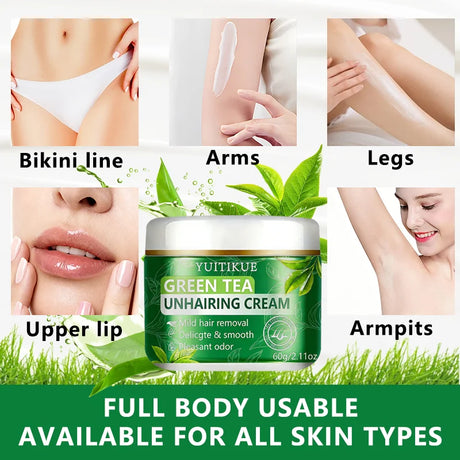 YUITIKUE Green Tea Unhairing Cream | Mild Hair Removal Formula | Delicate Smooth Skin & Pleasant Odor For All Skin Types 60g
