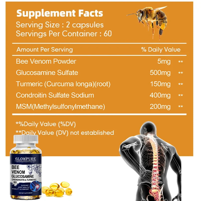 Bee Venom Extract Glucosamine & Turmeric Capsules for Joint & Muscle Health, Enhanced Mobility, Flexibility, Comfort Supplement