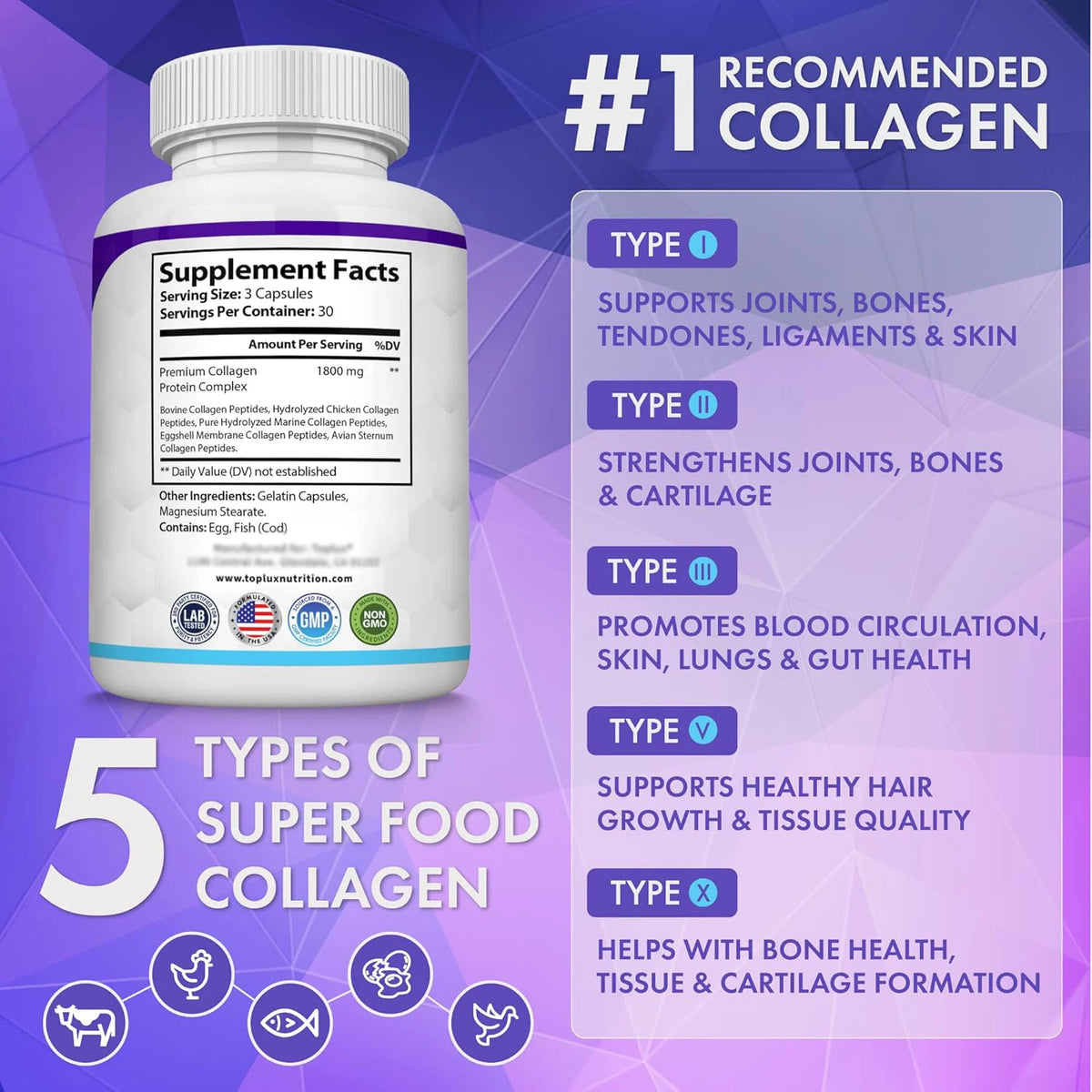 Premium Collagen Peptides Supplement 1500mg Collagen Peptides Complex for Hair, Nails, Skin, Bone & Joint Health - 90 Capsules