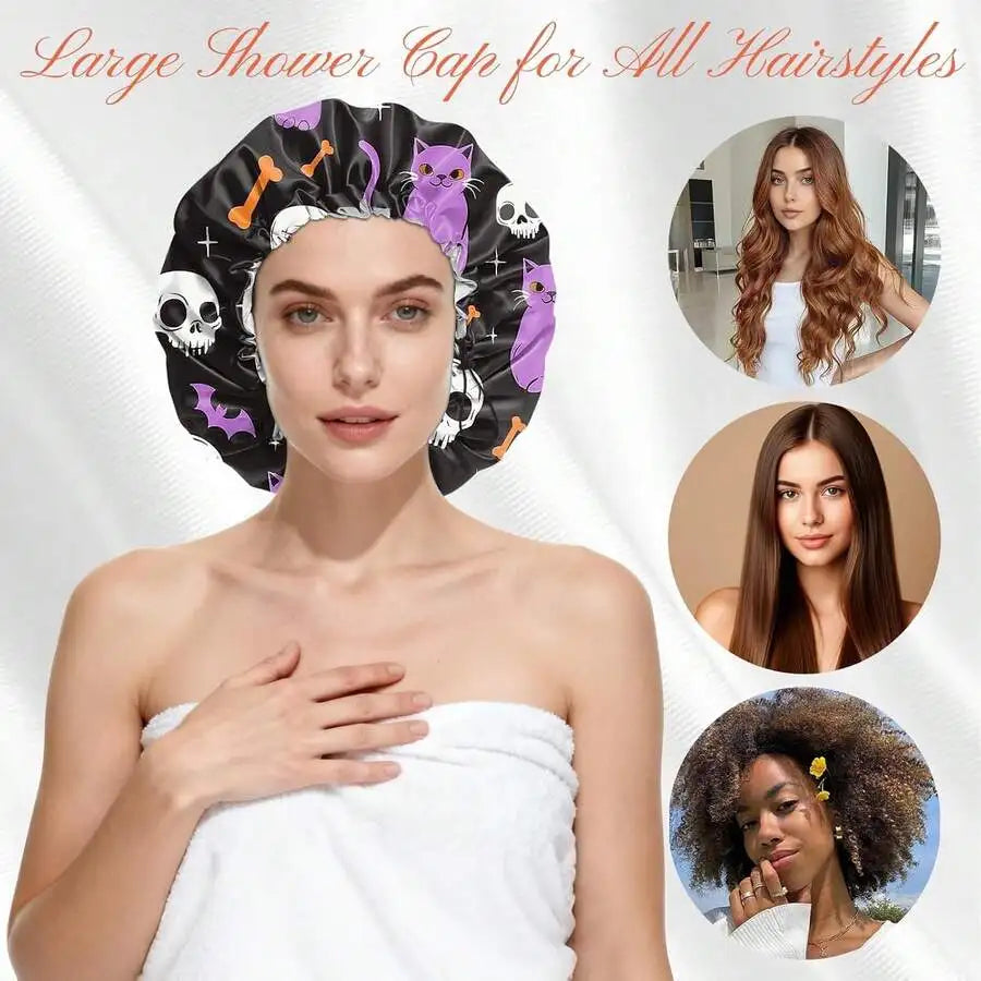 Reusable Double Layer Waterproof Shower Cap For Women Adjustable Elastic Hair Bath Cap With Cat Skull Design