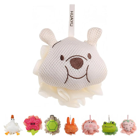 Kids Loofah, Cute Cartoon Animal Kids Bath Sponge with Hanging Rope, Soft Double Mesh for Rich Lather