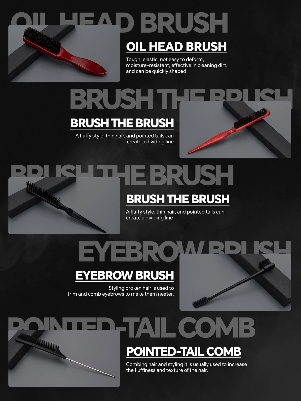 Hair Styling Comb & Brush Set, Boar Bristle Teasing Brushes & Tail Combs, Edge Control Styling Tools,Nylon Bristles, ABS Handle