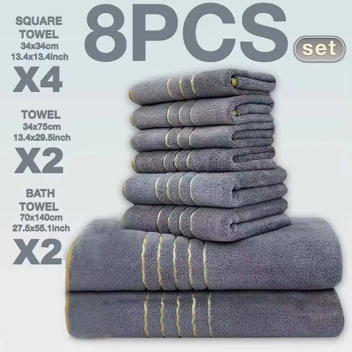 2/3/6/8 Pcs Bath Towel Set White & Gray with Gold Accents, Soft Absorbent Premium Towels for Home, Hotel & Bathroom
