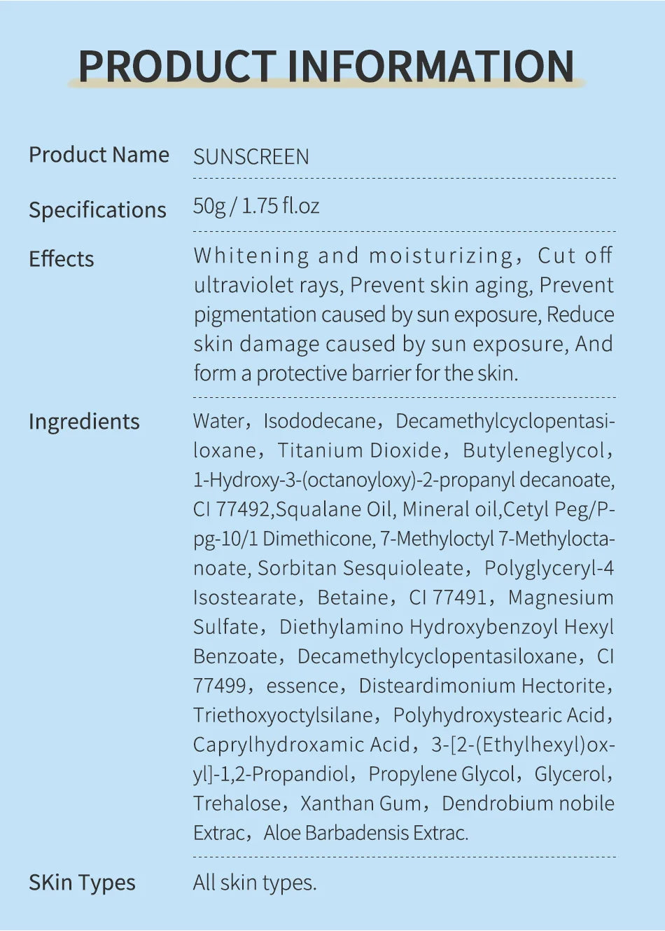 MSLAM Whitening Sun Cream Facial Body Sunscreen Sunblock Skin Protective Cream Anti-Aging Oil-control Moisturizing SPF 50