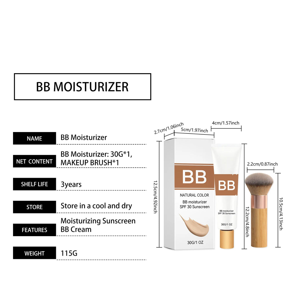 Tinted BB Cream Sunscreen SPF 30++ Full Coverage Invisible Pores Acne Brightening Nude Makeup Waterproof Facial Foundation Kit