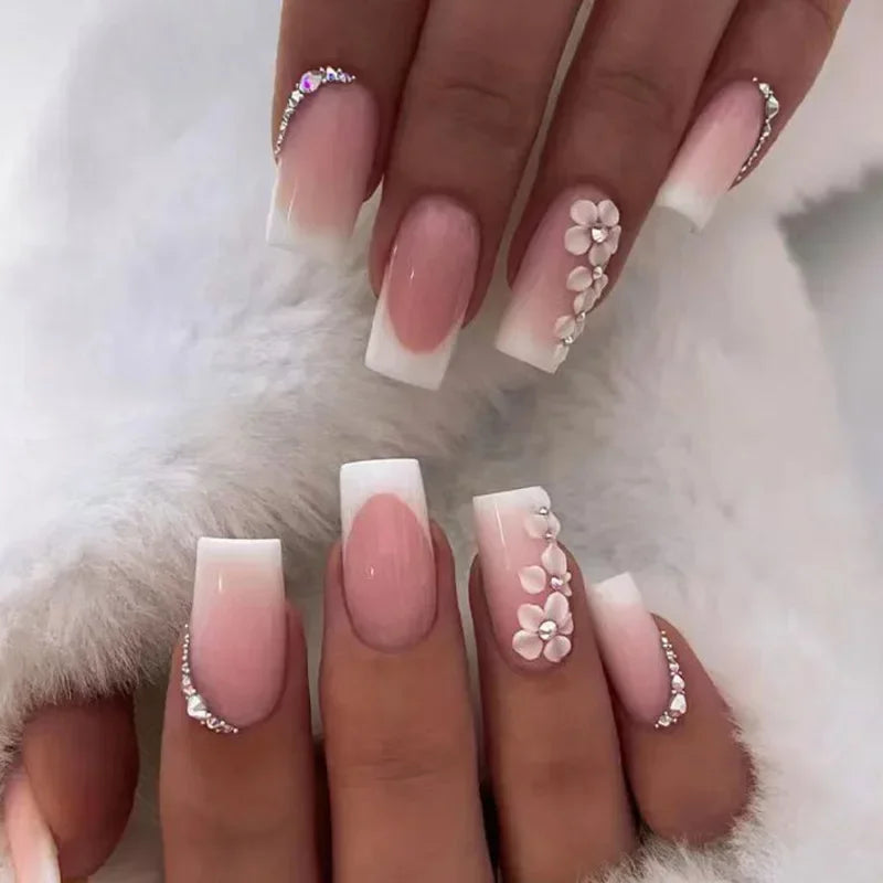 24 PCs Short French Simple Flower Pile Drill Nails with 1 Jelly Glue and 1 Nail File