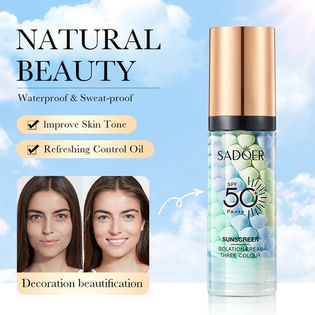 SADOER Avocado Tricolor Primer Isolation Cream SPF 50+ PA+++ 4-In-1 Daily Base Makeup Color Correcting Facial Serum Oil Control