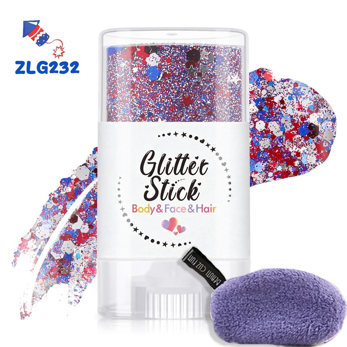 Patriotic Glitter Body Paint Stick with Makeup Remover Cloth, Red White Blue Face Paint for 4th of July, Sports Games