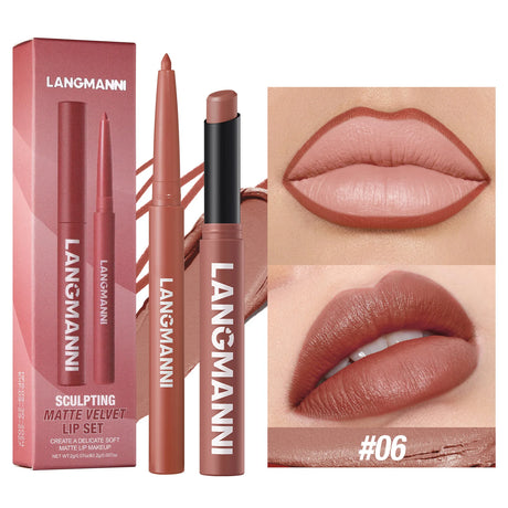 2Pcs/Set Matte Lipstick Lip Liner Pencil Non-Stick Cup Long-Lasting Velvet Red Lipstick Pen Smooth Lipliner Waterproof Makeup