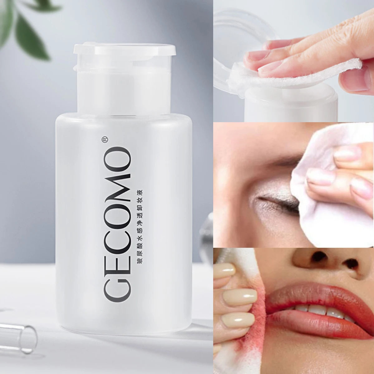 GECOMO Hyaluronic acid makeup remover-3-in-1 Eye, Lip, and Face Cleanser,Gentle, Suitable for Sensitive Skin, Pump Bottle