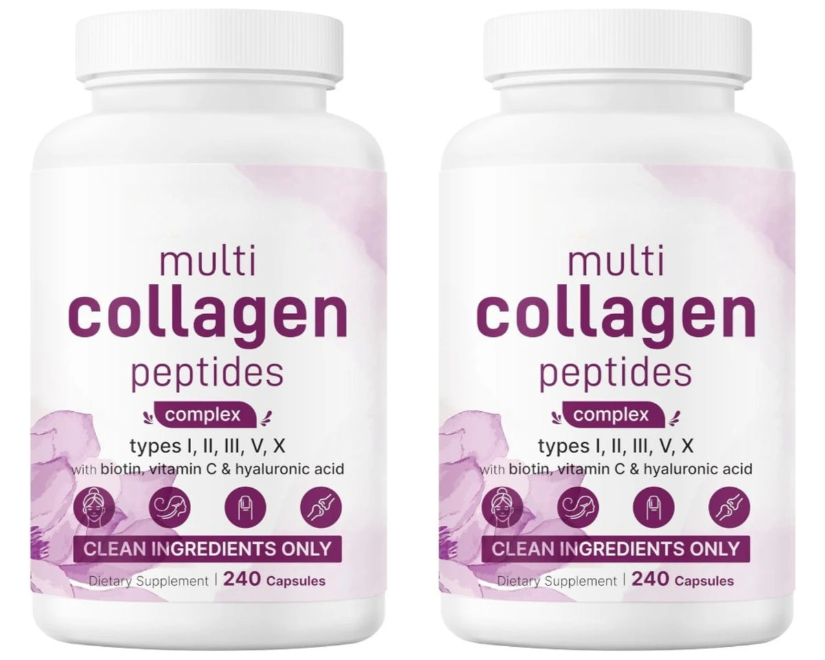 Multi Collagen Capsules 240ct Type I II III V X with Biotin Hyaluronic Acid Vitamin C Hydrolyzed Protein Supplement