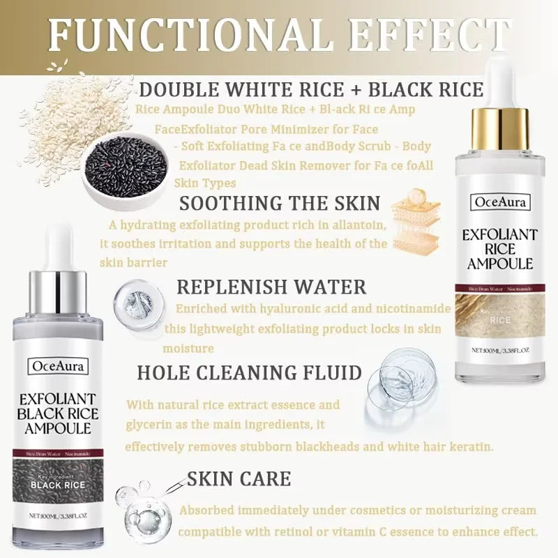 Black&White Rice Exfoliating Essence Dead Skin Remover Facial Glowing Replenisning Shrink Pore Hyaluronic Acid Brightening Serum