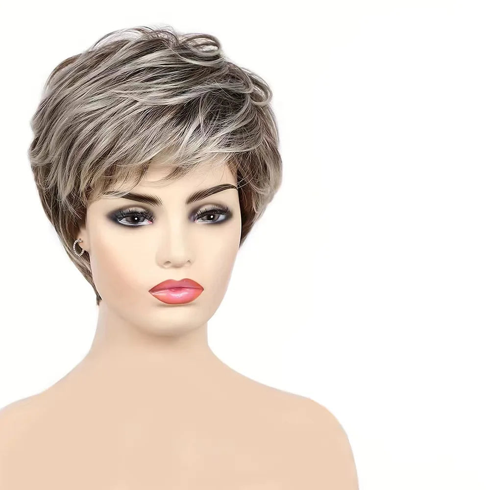 Fashionable short brown mixed color straight hair wig for woman