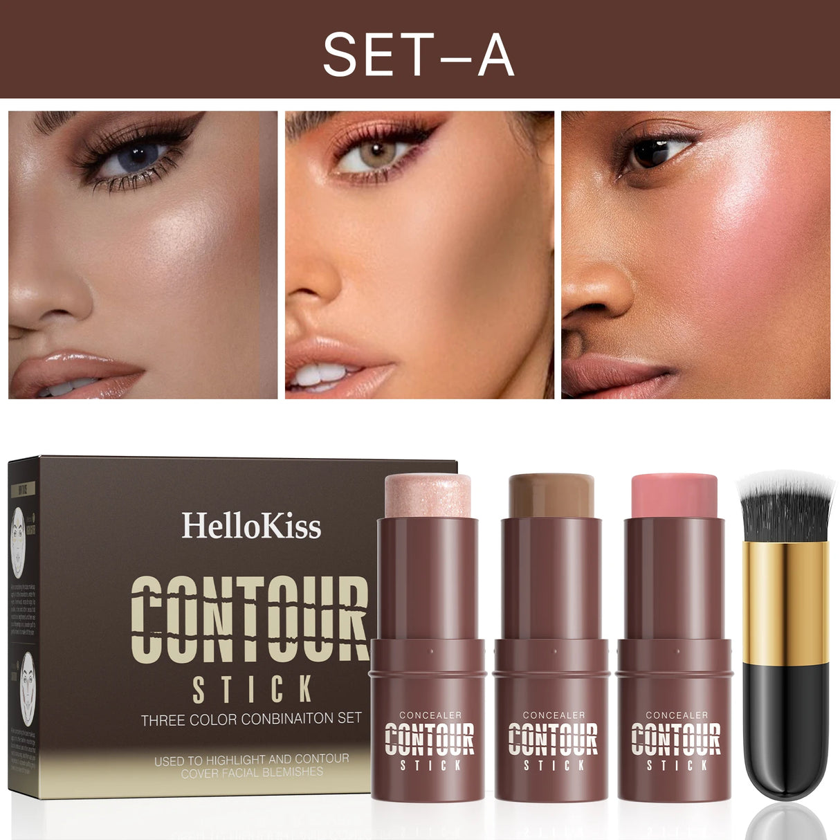4-Piece Contour Stick Set with Highlighter, Blush & Bronzer Plus Golden Powder Brush - Waterproof Cream for All Tones, Shimmery.