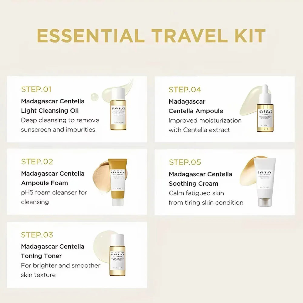 SKIN1004 Madagascar Centella Travel Kit, Mini Soothing Repair Hydrating Skincare Set For Sensitive Dry Skin Daily Travel Gift