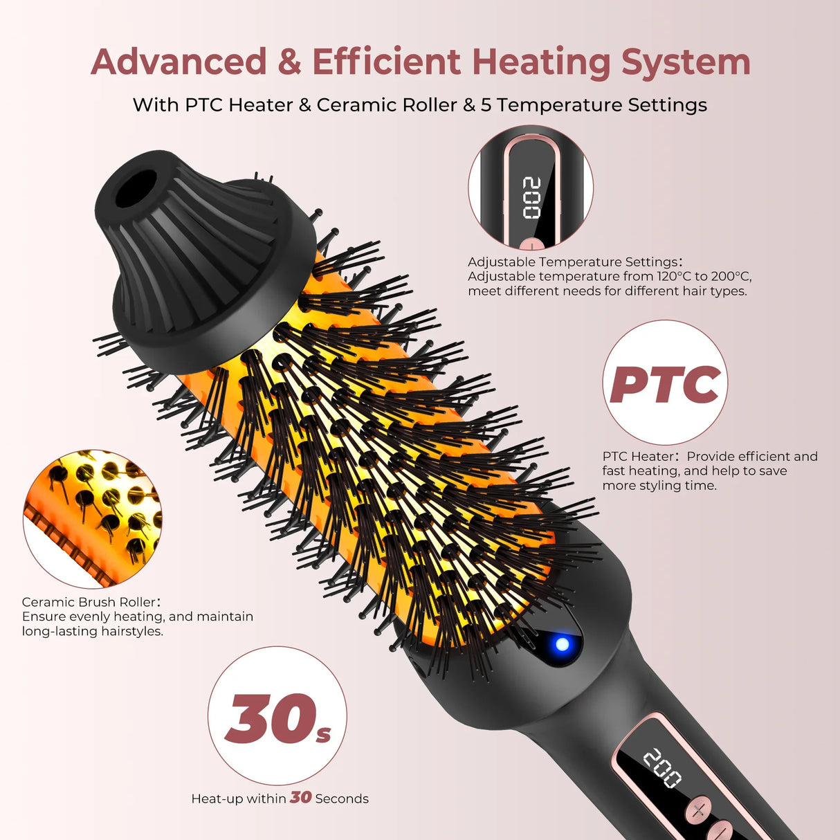 3 in1 Thermal Brush Ionic Heated Round Brush Ionic Hair Curler/Straightener with Anti-Scald Hair Curling Iron Hair Styling Tools