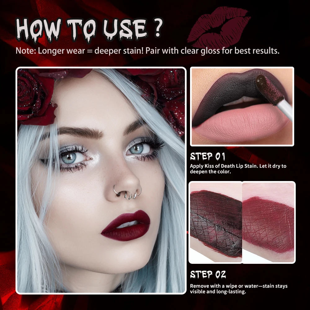 Lakerain Fake Bloody Lip Stain Gel-like Waterproof Spill-proof Long Lasting Matte Lip Tinting Halloween Party Lip Cosmetics