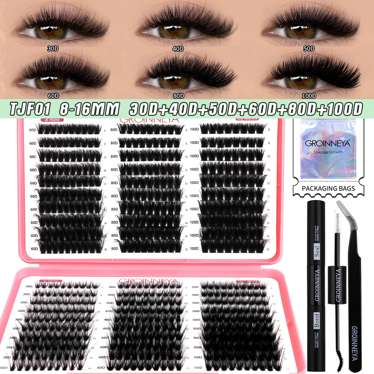 GROINNEYA DIY Lash Clusters Kit Mixed Tray Eyelash Extension Full Set Individual Lashes with Lash Bond&Seal and Tweezers Tool