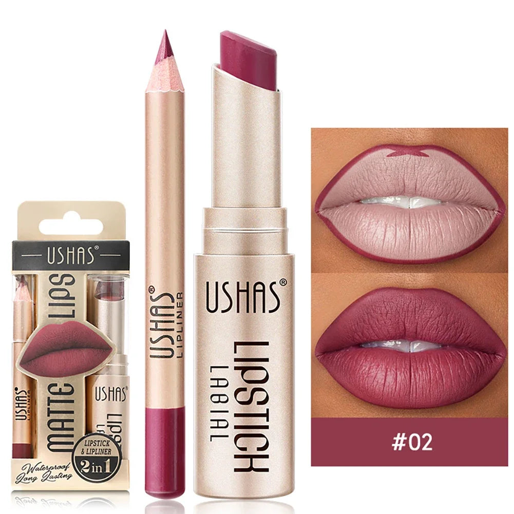 2-in-1 Lip Makeup Set, Matte Lipstick & Lip Liner Pencil, Nude Brown, Waterproof Long Lasting Tinted Lip Balm Contour Kit