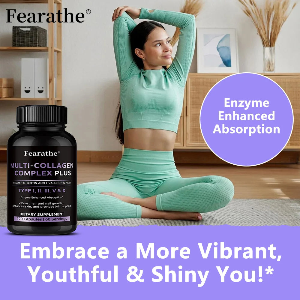 Multi Collagen Capsules, Type I/II/III/V/X Collagen, Biotin & Hyaluronic Acid, Support Skin Hair Nail Joint & Overall Wellness