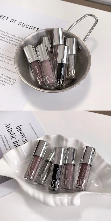 SHAQINUO Water Light Mirror Lip Gloss Lasting Moisturizing Cool Black Silver Gray Pearlescent Fine Sparkling Lipstick Lip Oil