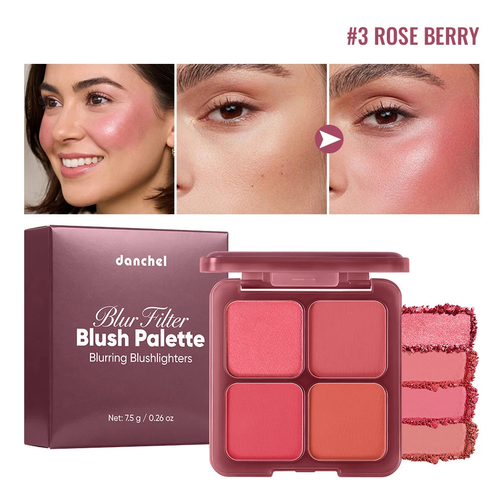 4 Shades Blush Palette Matte & Shimmer Two Textures Rich Pigment Long-wear Soft Blur Finishing Compact Blush Daily Cheek Makeup