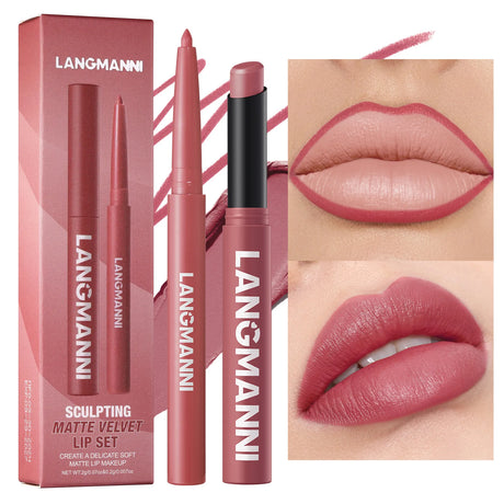 2Pcs/Set Matte Lipstick Lip Liner Pencil Non-Stick Cup Long-Lasting Velvet Red Lipstick Pen Smooth Lipliner Waterproof Makeup