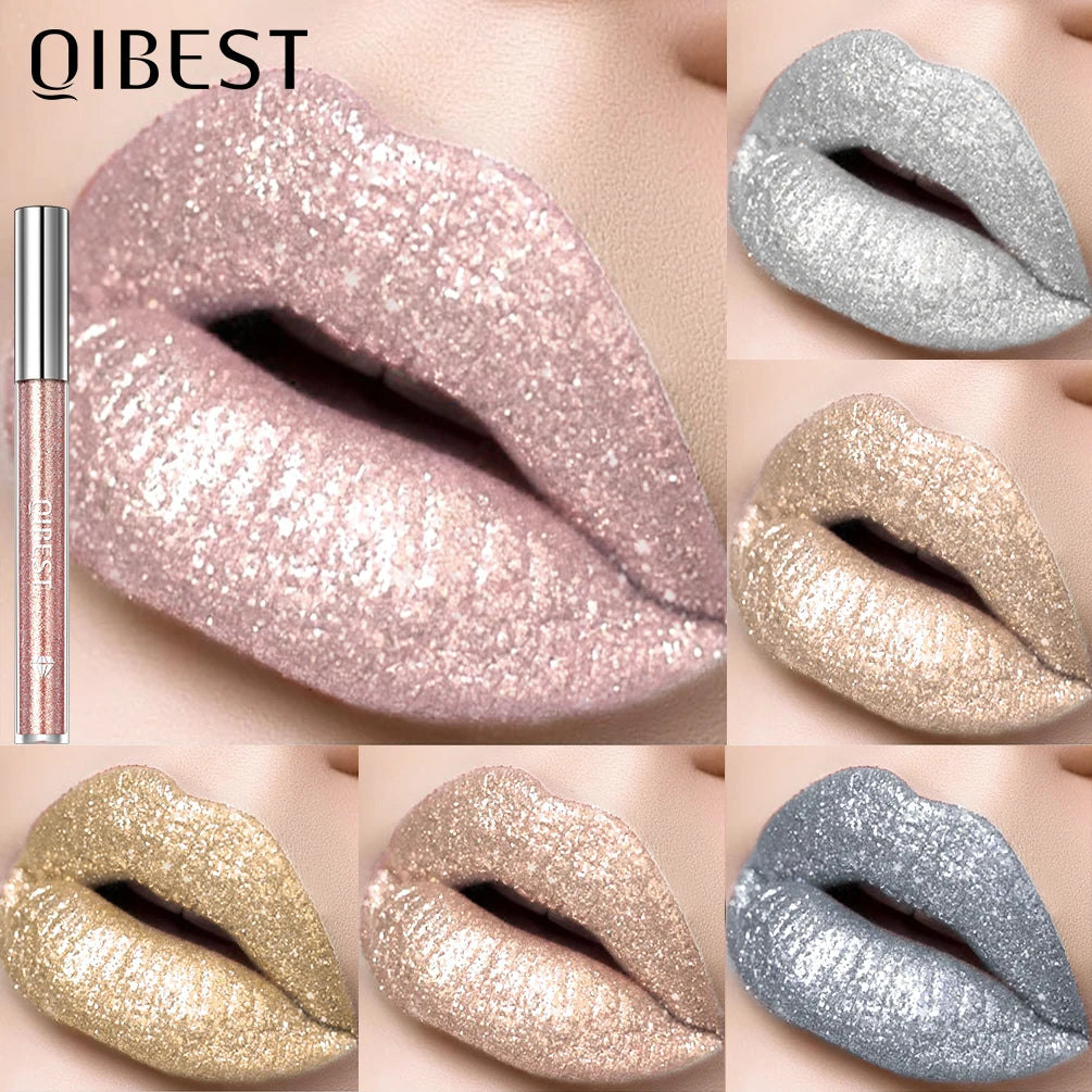 QIBEST Metallic Glitter Liquid Lipstick Makeup Waterproof Lip Gloss Long-lasting Shimmer Metal Diamond Lip Glaze Tint Charming