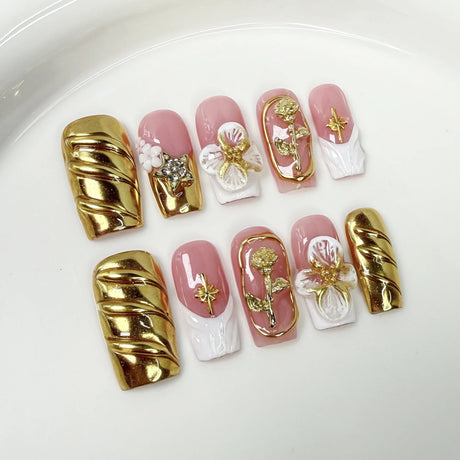 10Pcs Sweet Pink Flower Designs French Fake Nail Art Handmade Coffin Press on Nail Autumn White Floral Fashion Acrylic Nail Tool