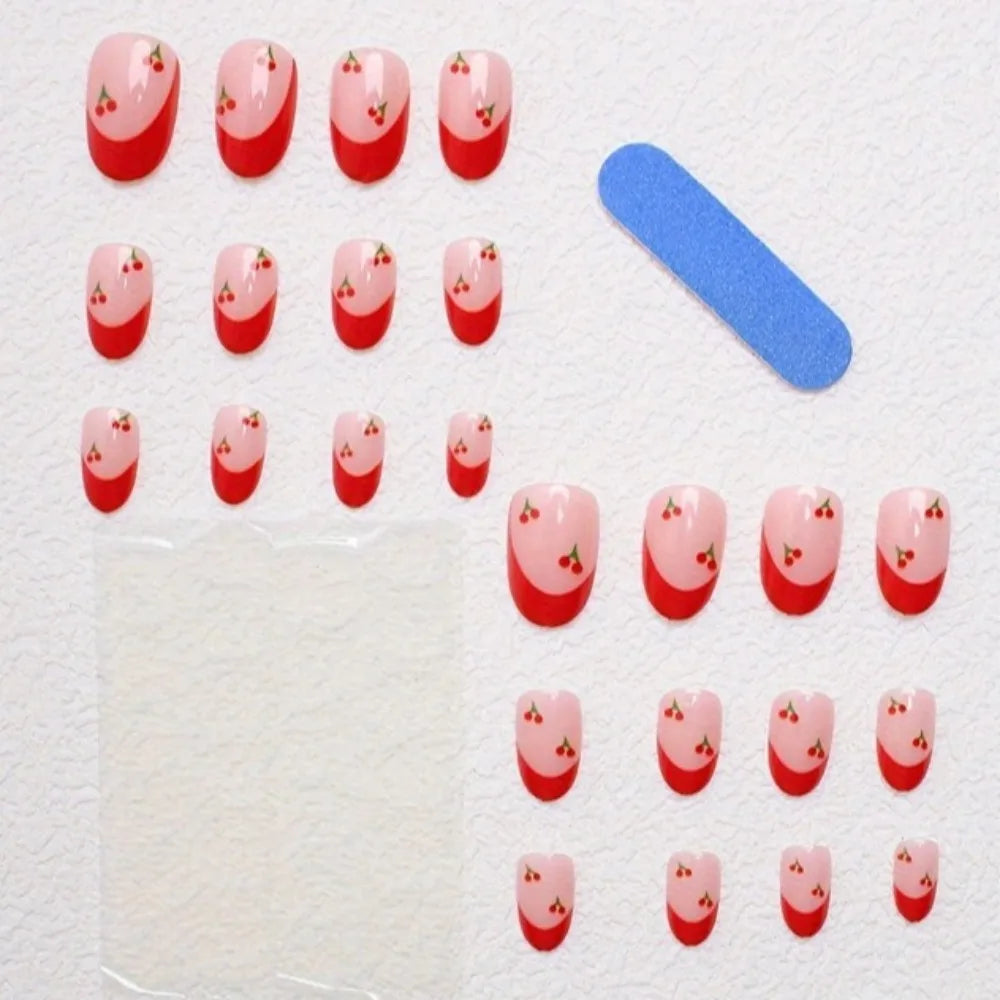 24PCS Juicy Red Cherry Hand Painted Press on Nails Vivid French Border Jelly Clear Almond Shape Fake Nails Summer Vibe