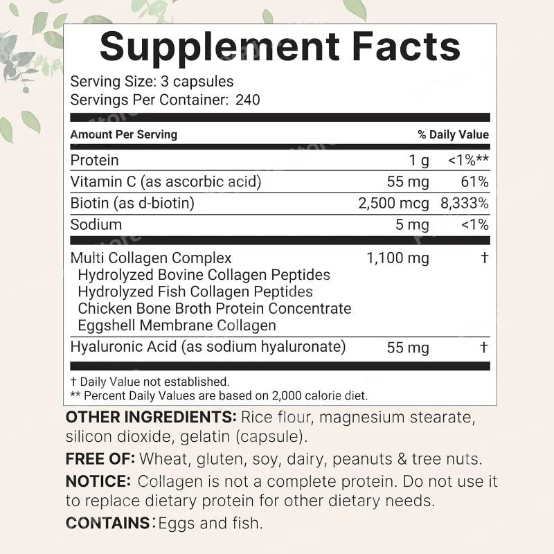 Multi Collagen Capsules 240ct Type I II III V X with Biotin Hyaluronic Acid Vitamin C Hydrolyzed Protein Supplement