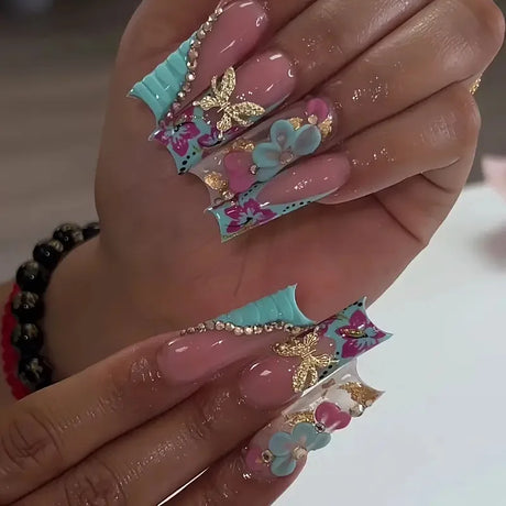24pcs Short Duckbill False Nails Wearable Blue French Fake Nails Star Flash Rhinestones Decor Gradient Y2k Nails Press on 2030