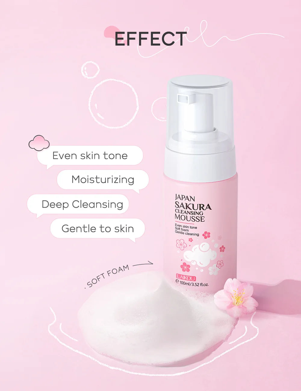 LAlKOU Japan Sakura Cleansing Mousse Facial Cleanser Shrink Pores Deep Clean Oil Control Moisturizing Skin Care 100ml