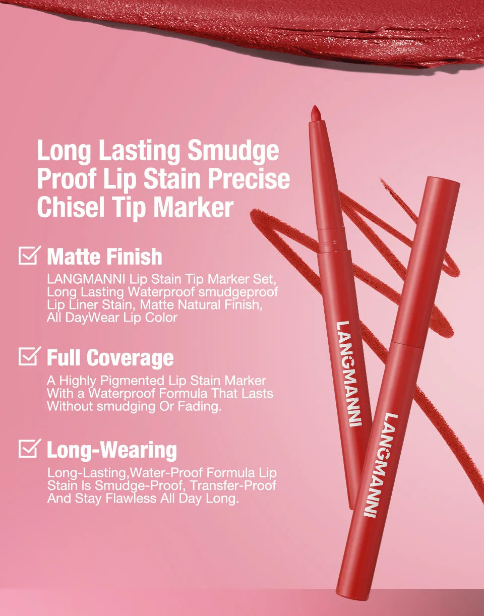 2Pcs/Set Matte Lipstick Lip Liner Pencil Non-Stick Cup Long-Lasting Velvet Red Lipstick Pen Smooth Lipliner Waterproof Makeup